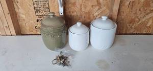 lot 124 image: Set of Lidded Canisters with Bag of Brass Drawer Pulls