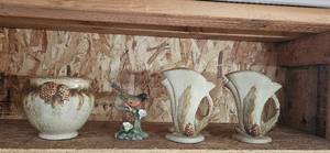 lot 134 image: Pottery Pinecone Vases, Ceramic Planter, and Bird Figurine Set