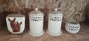 lot 135 image: Ceramic Decor Collection with Lidded Jars, Candle Holder, and Kangaroo Planter