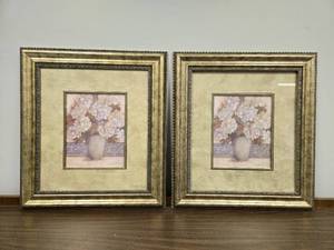 lot 147 image: Pair of Carol Robinson Framed Floral Prints 20x18 Inches
