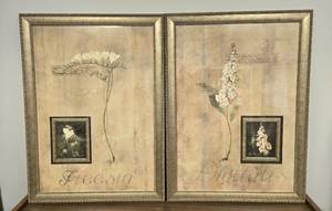 lot 155 image: Set of 2 Framed Botanical Floral Prints Signed F. de Villeneuve 44x32 Inches