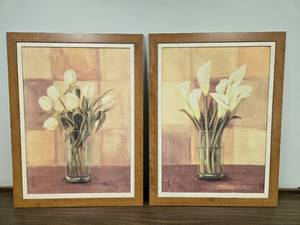 lot 156 image: Pair of Framed Floral Art Prints with Calla Lilies and Tulips 24x32 Inches