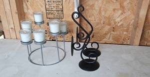 lot 179 image: Candle Holder Set with Glass Votive Stand and Pair of Black Metal Scroll Holders