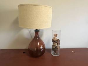 lot 191 image: Brown Glass Table Lamp with Shade and Decorative Vase with Orbs