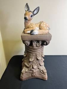 lot 203 image: Garden-Style Plaster Fawn Figurine with Ornate Pedestal
