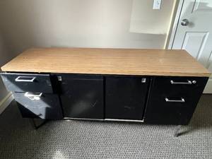 lot 205 image: Black Metal Office Credenza with Drawers and Sliding Doors 60in x 29in x 18in - no key