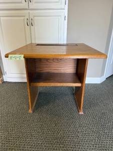 lot 217 image: Oak Wood Desk with Shelf and Cable Slot, 27x27x27 Inches