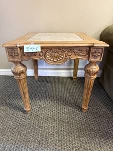 lot 219 image: Wood and Marble Accent Table with Carved Details, 25x26x27 Inches