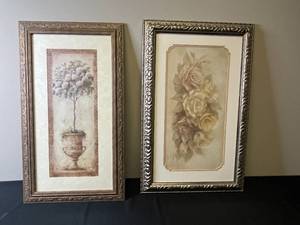 lot 234 image: Framed Floral Wall Art Set - Italian Topiary and Albena Roses, 29 x 17 Inches