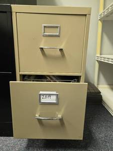 lot 240 image: Tan 2-Drawer Metal Filing Cabinet 29x15x25 Inches