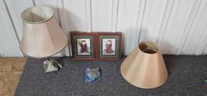 lot 250 image: Lamp with Shade, 2 Framed Santa Prints, and Ornament Hangers Set