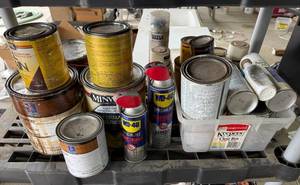 lot 300 image: Collection of Assorted Paints, Stains, and Aerosol Lubricants - content quantities unknown