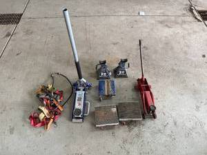 lot 304 image: Automotive Shop Equipment Lot with Floor Jacks, Jack Stands, Dollies, and Straps