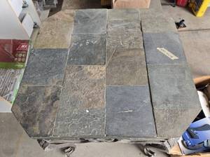 lot 305 image: Square Slate Top Patio Table with Ornate Metal Base, 28 in x 26 in x 26 in