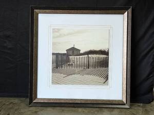 lot 13 image: Framed Black and White Art Print of Cottage with Dune Fence 28x28 Inch
