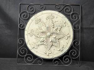 lot 16 image: Decorative Metal Wall Plaque with Ornate Floral Medallion and Display Stand