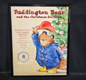 lot 54 image: Framed Paddington Bear and the Christmas Surprise Marshall Fields Holiday Display Poster