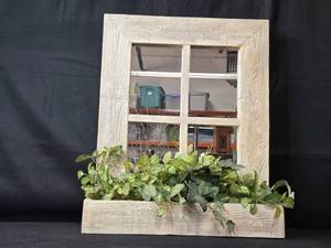 lot 72 image: Rustic Window Frame Wall Mirror with Faux Greenery Planter Box