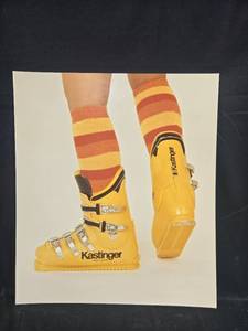 lot 80 image: Vintage Kastinger Yellow Ski Boots with Striped Socks Poster