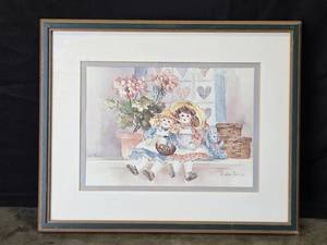 lot 104 image: Framed Barbara Mock 1986 Print Rag Dolls and Flowers 17x22
