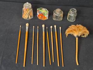 lot 111 image: Collection of Vintage Paintbrushes, Glass Jars, Feather Duster, and Geometric Puzzle
