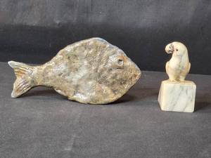 lot 116 image: Pair of Vintage Sculptures Alabaster Parrot Italy and Ceramic Fish Signed