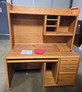 lot 128 image: Martin Furniture 54 Inch Medium Oak Computer Desk with Hutch and Power Strip