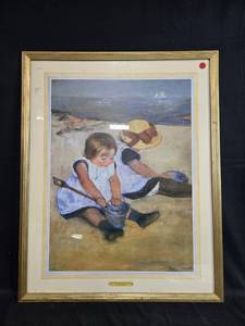 lot 131 image: Framed Mary Cassatt Print Children Playing on the Beach 29x23 Inches