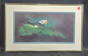 lot 134 image: Framed Puffin Artwork by Annette Hartzell 1994, 12.5x20 Inches