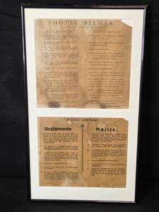 lot 138 image: Framed Hotel Belmar Mazatlan Mexico Bilingual Rules Notice 21x12 Inch