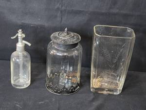 lot 139 image: Vintage Glass Bottle, Lidded Jar, and Etched Vase Set