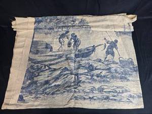 lot 147 image: Blue and Cream Toile de Jouy Fabric Panel with Nautical and Landscape Scene