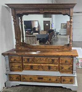 lot 165A image: Wooden Dresser w Mirror and Gray Accents