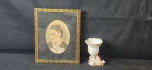lot 170 image: Vintage Framed Portrait and Porcelain Hand Vase Set