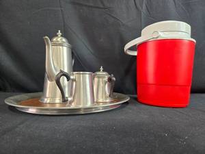 lot 185 image: Metal Tea Set with Wood Trimmed Tray and Red Plastic Thermos