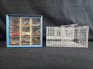 lot 187 image: Small Parts Organizer Cabinet with Hardware Assortment and Wire Mesh Trap Cage