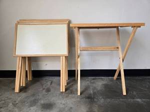 lot 216 image: Set of Wood and White Tray Tables with Folding Stand