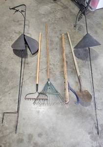 lot 225 image: Lot of Garden Tools with Rakes, Hoe, Shovel, and Metal Row Markers