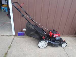 lot 113 image: Blackmax Briggs & Stratton mower. Big wheel with bagger. Tested & works. As shown.