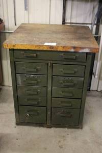 lot 4 image: Metal Workshop Cabinet, Parts Organizer with 9 Drawers and Wood Top