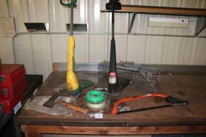 lot 36 image: Yard Tool Lot with 2 String Trimmers, Hand Axe, Bow Saw, and String