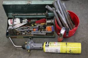 lot 61 image: Plumbers Tool Lot with Torch, Flaring Tools, Springs, and Accessories