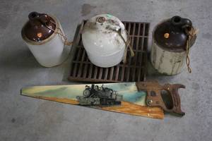 lot 82 image: Antique Stoneware Jugs and Decorative Saw with Train Art