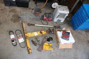 lot 112 image: Automotive Garage Lot with Belts, Hitch Balls, Shop Heater, and Accessories
