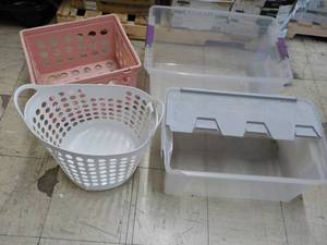 lot 100 image: 3 Totes and Plastic Clothes Basket...