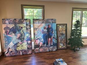 lot 25 image: 2 Large Tennis Canvases 1 Glass framed portrait & a 6ft Christmas Tree