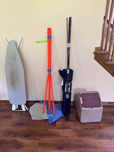 lot 35 image: Storage Bin, Blow up Mattress, Ozark Trail Outdoor Chair, Ironing Board