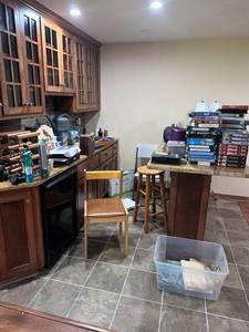 lot 36 image: Large Lot - Movies, DVDs, glassware, Barstools, Chair, Nintendo Wi Fit, Shot Glasses, 2 small lamps, holiday decorations and more.