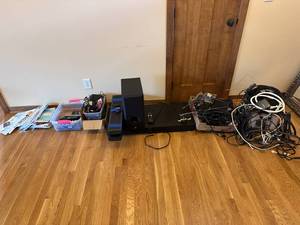 lot 48 image: Lot of Audio Equipment - Speakers, Yamaha Subwoofer, Cables, remotes, ZVOX Sound Bar