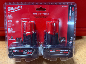 lot 37 image: 2 Pack Milwaukee M12 12-Volt Lithium-Ion XC Extended Capacity 3.0 Ah Battery Pack BRAND NEW 48-11-2412 MSRP $129